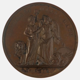S. de Vries, Medal on the fiftieth anniversary of the Battle of Waterloo, commemorative medal penning visual material bronze