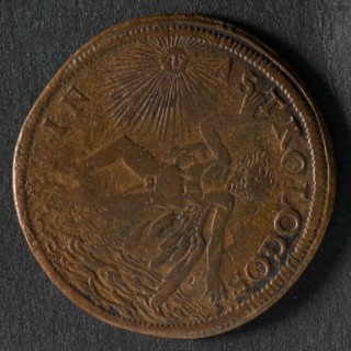 Wolf Laufer, Calculation medal, jeton utility medal medal exchange copper, Icarus plunges into the sea under sun rays omschrift