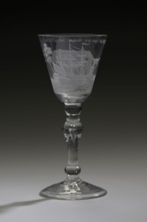 Chalice, engraved with representation and inscription 't Welvaren van de Wijn Negotie, wine glass drinking glass drinking