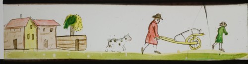 Hand-painted lantern plate with men with wheelbarrow, slide slide slideshope images glass paper, Hand-painted slides