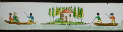 Hand-painted lantern plate with people in boats, slide slide slide picture glass paper, Hand-painted slide with top and bottom
