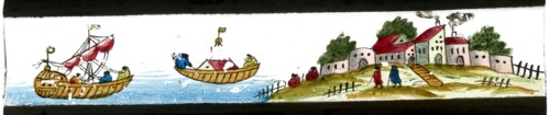 Hand-painted lantern plate with village and seascape, slide plate diapositive footage glass paper, Hand-painted slide with top