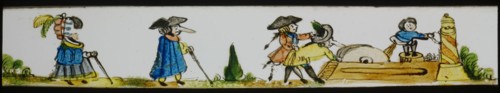 Hand-painted lantern plate with figures with long noses, slide plate slideshope images glass paper, Hand-painted slides