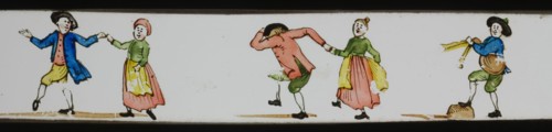 Hand-painted lantern plate with dancing people, slide plate slideshope images glass paper, Hand-painted slides with top