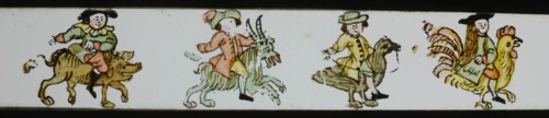 Hand-painted lantern plate with men on animals, slide plate slideshope images glass paper, Hand-painted slides with top