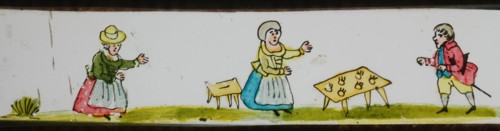 Hand-painted lantern plate with picnic scene, slide slide diapositive footage glass paper, Hand-painted slide with top
