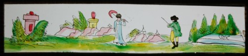 Hand-painted lantern plate with man and woman at tombstone, slide plate slideshope images glass paper, Hand-painted slides