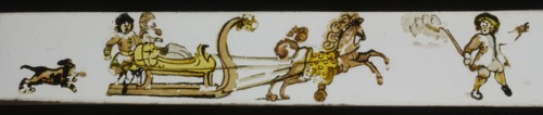 Hand-painted lantern plate with horse sleigh, slide slide slideshoot images glass paper, Hand-painted slides