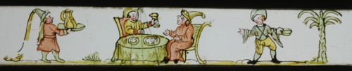 Hand-painted lantern plate with Oriental gentlemen at the table, slide plate slideshope images glass paper, Hand-painted slides