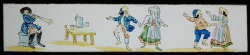 Hand-painted lantern plate with musician and dancing farmers, slide plate slideshope images glass paper, Hand-painted slides