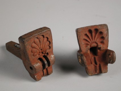 Two-piece bronze mold for thumb rest of pot or jug, mold casting tool tools base metal bronze, cast turned Two-piece bronze mold