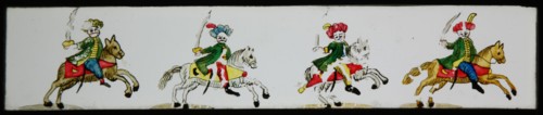 Hand-painted lantern plate with four Oriental horsemen, slide slide slide picture glass paper, Hand-painted slide with top