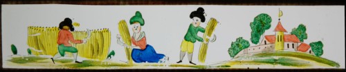 Hand-painted lantern plate with harvesting farmers, slide slide diapositive footage glass paper, Hand-painted slide