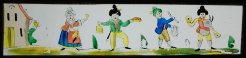 Hand-painted slide with party people, slide plate slideshope images glass paper, Hand-painted slides with top and bottom edges