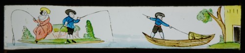 Hand-painted lantern plate with fishing man and woman, slide plate slideshope images glass paper, Hand-painted slides