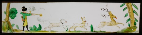 Hand-painted lantern plate with hunting scene, slide plate slideshope images glass paper, Hand-painted slides