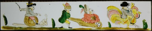 Hand-painted lantern plate with carnivalesque procession, slide plate slideshope images glass paper, Hand-painted slides