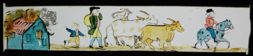 Hand-painted lantern plate with burning house and departing farmers with cattle, slide plate slideshope images glass paper, Hand