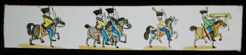 Hand-painted lantern plate with cavalry, slide plate slideshope images glass paper, Hand-painted slides with top and bottom