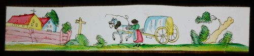 Hand-painted lantern plate with covered wagon and monastery, slideshelf slideshare images glass paper, Hand-painted slides
