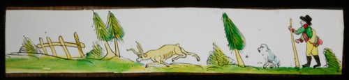 Hand-painted lantern plate with walker, dog and deer, slideshelf slideshare images glass paper, Hand-painted slides with top