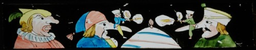 Hand-painted slide with dueling figures on noses of giants, slide slide diapositive footage glass paper, Hand-painted slide