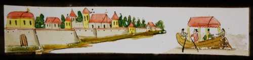Hand-painted lantern plate with city and boat, slideshelf slideshare images glass paper, Hand-painted slides with top and bottom