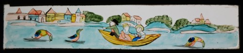 Hand-painted lantern plate with sailing company and water birds, slideshelf slideshare images glass paper, Hand-painted slides