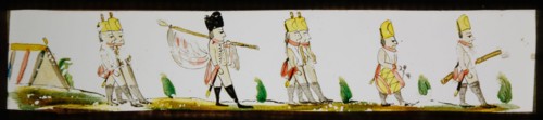 Hand-painted lantern plate with marching soldiers, slide plate slideshope images glass paper, Hand-painted slides