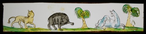 Hand-painted lantern plate with wild animals and palms, slide slide slideshope images glass paper, Hand-painted slides