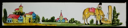 Hand-painted lantern plate with man and horse, and villages in the background, slide plate slideshope images glass paper, Hand