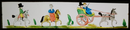Hand-painted lantern plate with men and women on horseback and in carriage, slide plate slideshope images glass paper, Hand