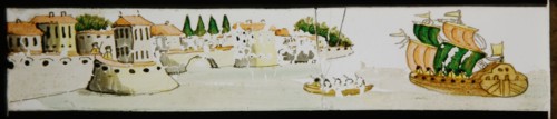 Hand-painted lantern plate with harbor, sailing ship and sloop, slideshelf slideshare images glass paper, Hand-painted slides