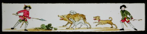 Hand-painted lantern plate with wolf hunting, slideshelf slideshare images glass paper, Hand-painted slides with top and bottom