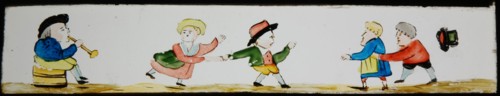 Hand-painted lantern plate with dancing people, slide plate slideshope images glass paper, Hand-painted slides with top