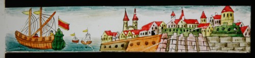 Hand-painted lantern plate with harbor and sailing ship, slide plate slideshope images glass paper, Hand-painted slides with top