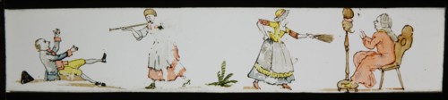 Hand-painted lantern plate with men threatened by women, slide plate slideshope images glass paper, Hand-painted slides with top