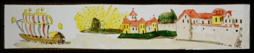 Hand-painted lantern plate with harbor and sailing ship, slide plate slideshope images glass paper, Hand-painted slides
