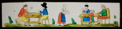 Hand-painted lantern plate with men and family at the table, slide plate slideshope images glass paper, Hand-painted slides