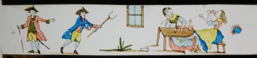 Hand-painted lantern plate with drinking women, man with pitchfork and man with stick, slideshelf slideshare images glass paper