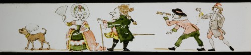 Hand-painted lantern plate with dog, gentleman and lady of stand, and on the right two young men, slide slide slideshoot images