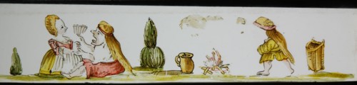 Hand-painted lantern plate with woman and men by wood fire, slide plate slideshope images glass paper, Hand-painted slides