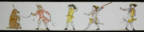 Hand-painted lantern plate with catered bear and men, slide plate slideshope images glass paper, Hand-painted slides