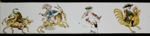 Hand-painted lantern plate with carnivalesque procession, slide plate slideshope images glass paper, Hand-painted slides