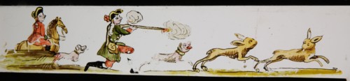 Hand-painted lantern plate with hunting scene, slideshelf slideshare images glass paper, Hand-painted slides with top and bottom