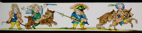 Hand-painted lantern plate with hunting scene, slide slide diapositive footage glass paper, Hand-painted slide with top