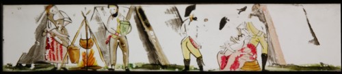 Hand-painted lantern plate with women and soldiers, slide plate slideshope images glass paper, Hand-painted slides with top