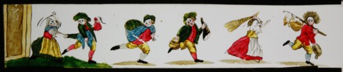 Hand-painted slide with fleeing thieves, slide plate slideshope images glass paper, Hand-painted slides with top and bottom