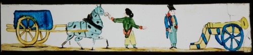 Hand-painted lantern plate with cannon, soldiers and covered wagon, slide plate slideshope images glass paper, Hand-painted