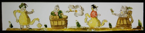 Hand-painted lantern plate with caricatures, slideshelf slideshare images glass paper, Hand-painted slides with top and bottom